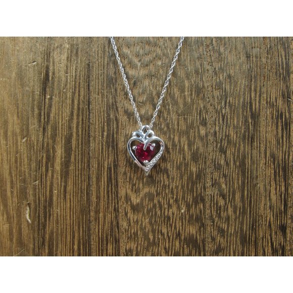 Jewelry - 18" Sterling Silver Small Love Heart Ruby Gem Pendant Necklace Vintage